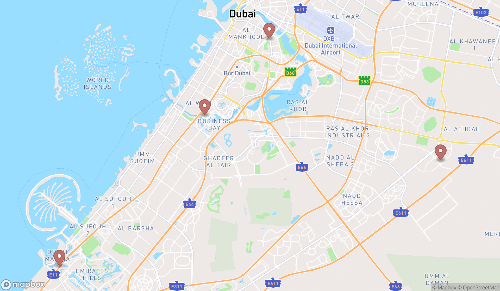 Map showing the search results in Dubai