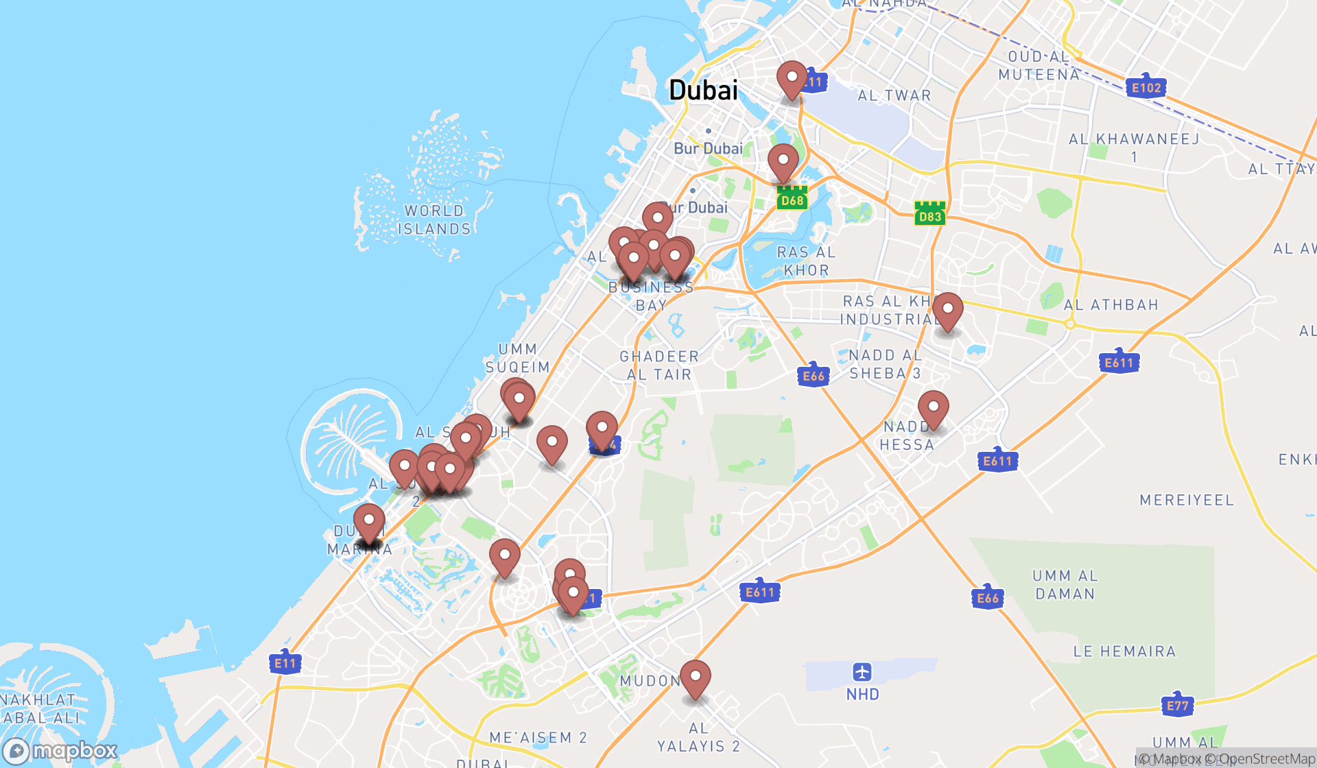 Map showing the search results in Dubai