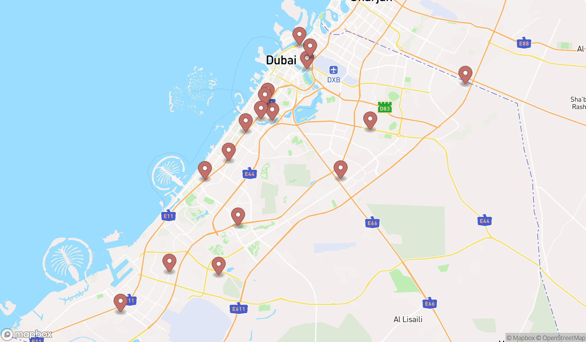 Map showing the search results in Dubai