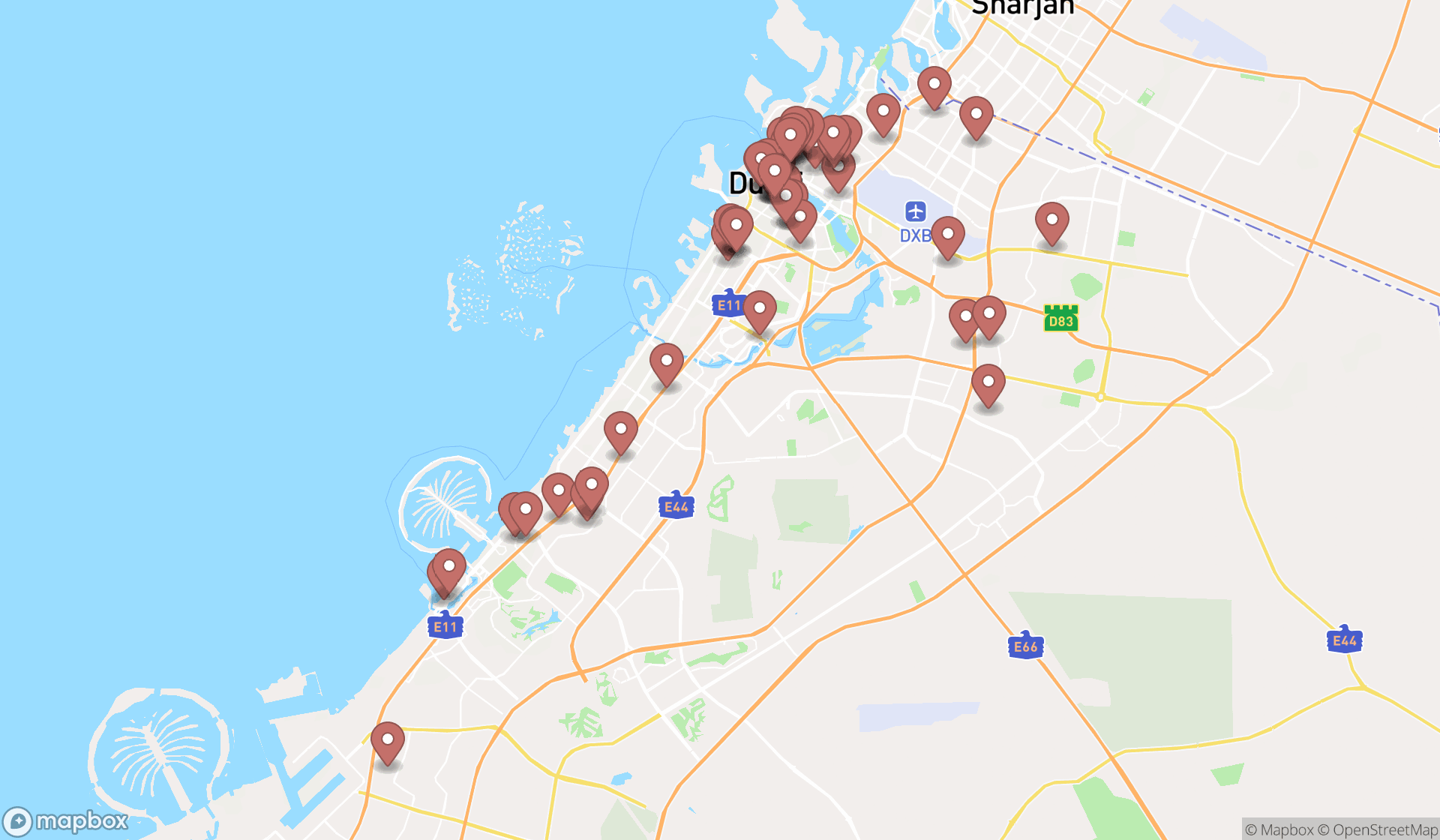 Map showing the search results in Dubai