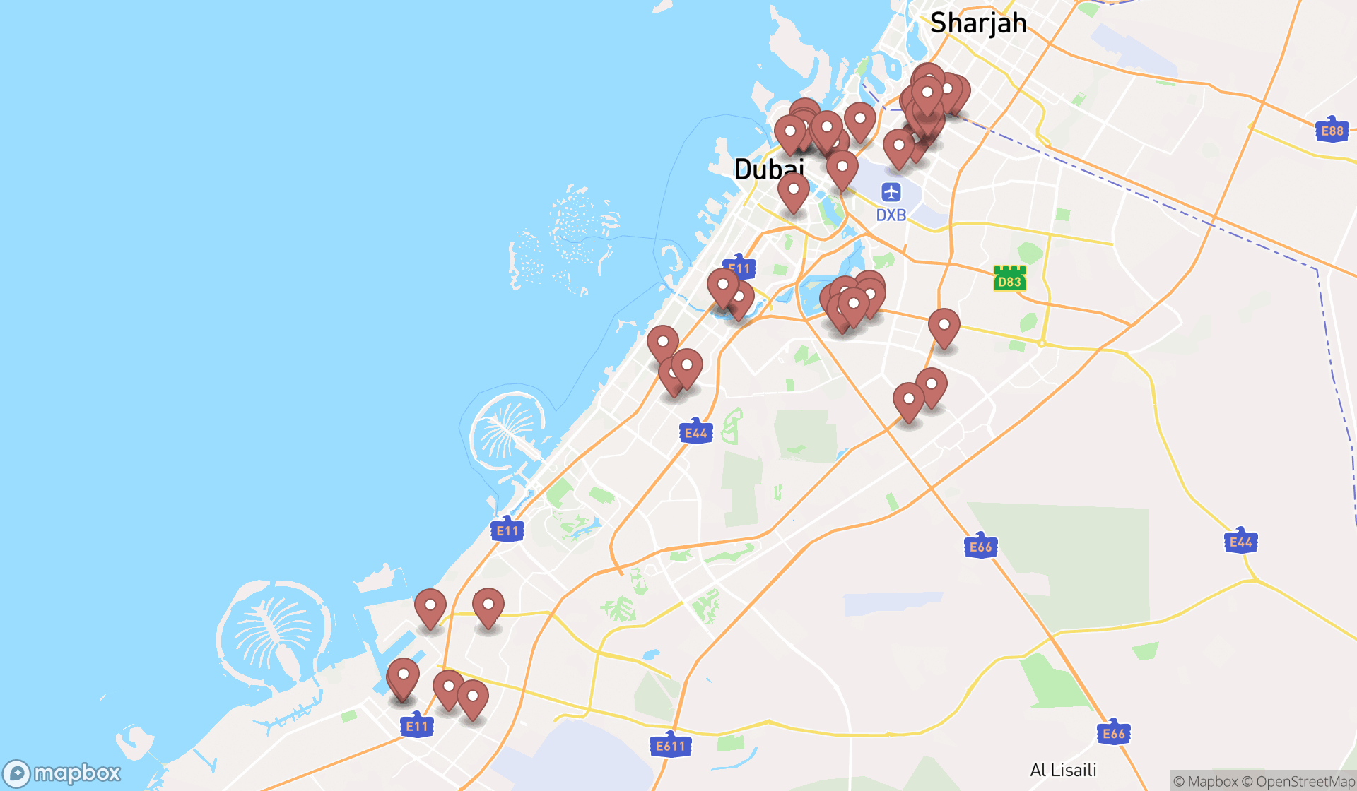 Map showing the search results in Dubai