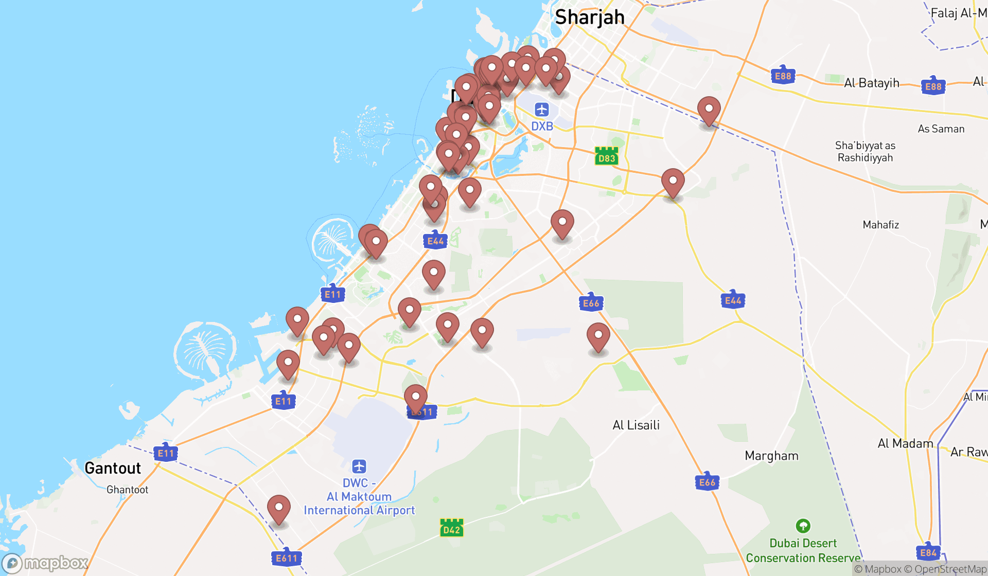Map showing the search results in Dubai