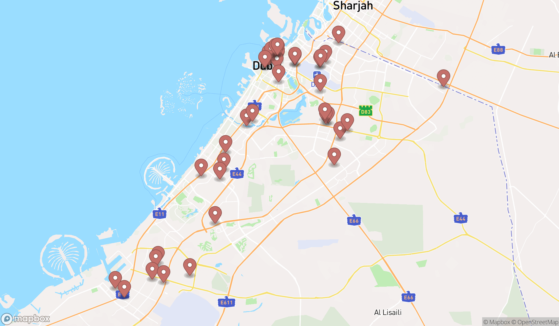 Map showing the search results in Dubai