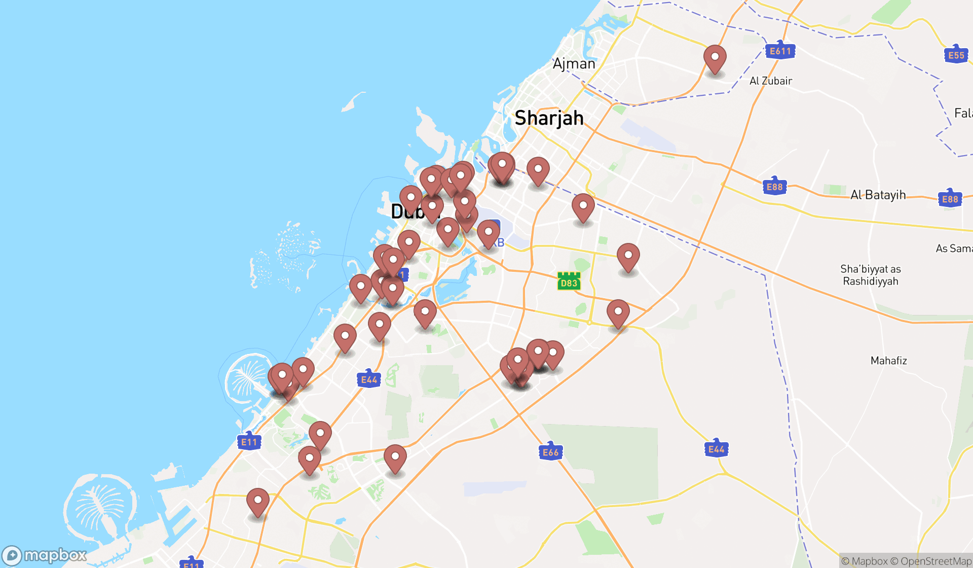 Map showing the search results in Dubai