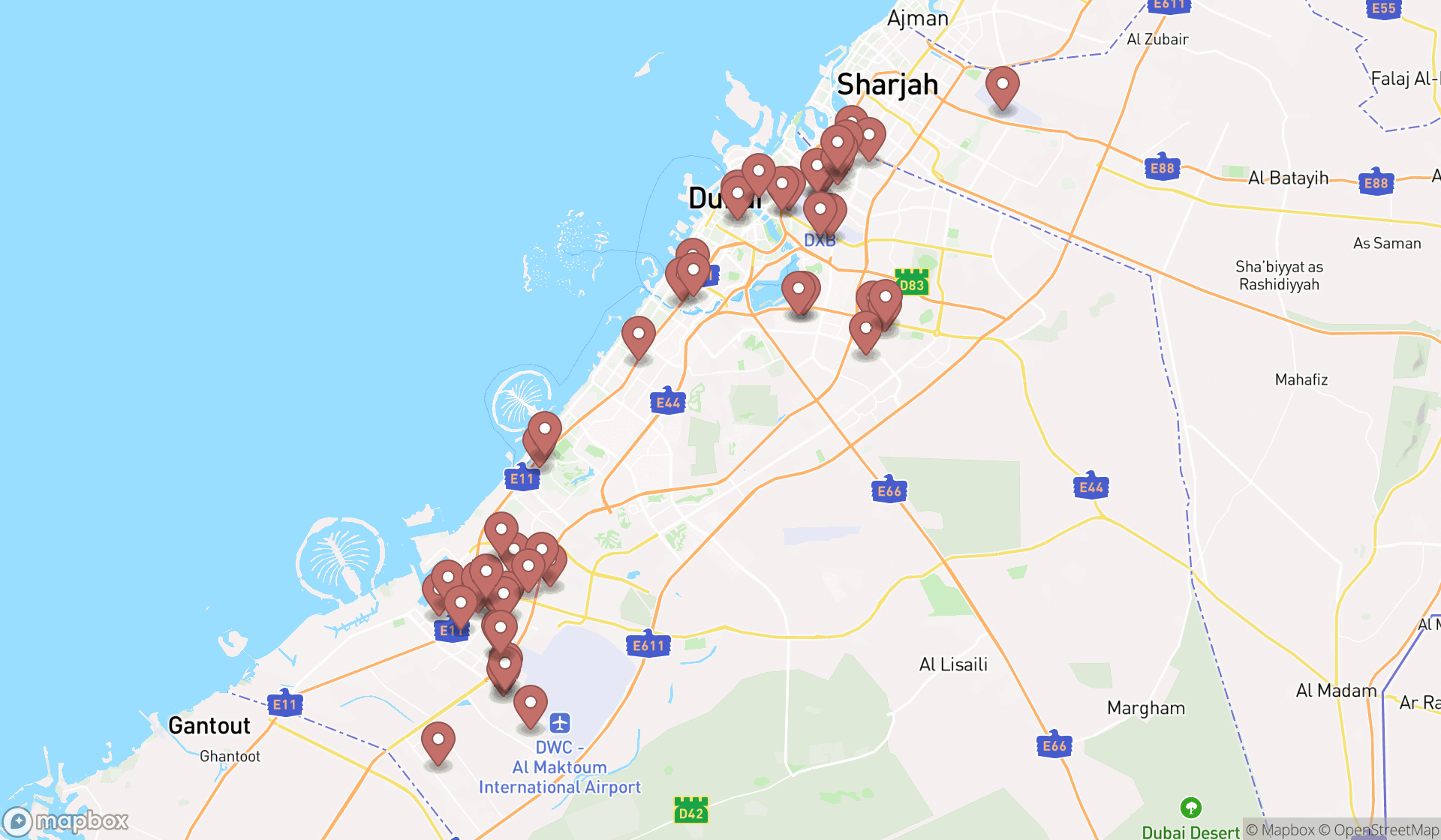 Map showing the search results in Dubai