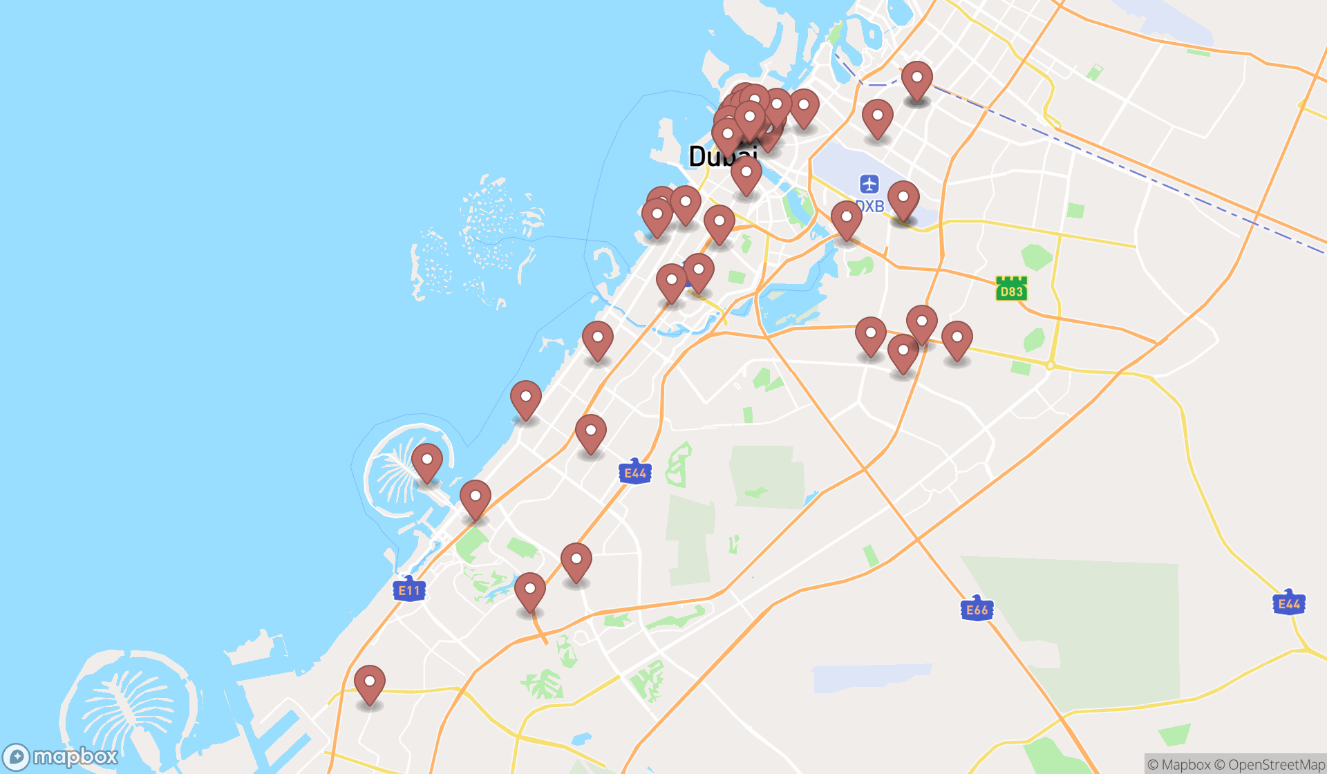 Map showing the search results in Dubai