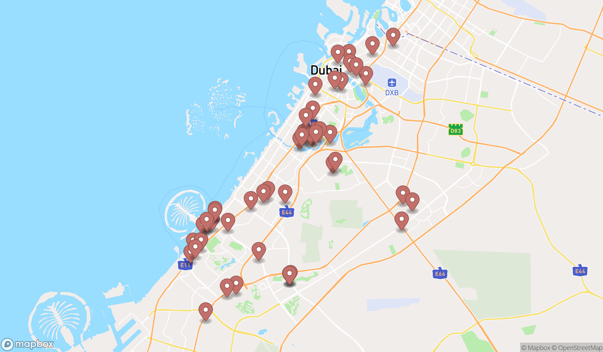 Map showing the search results in Dubai