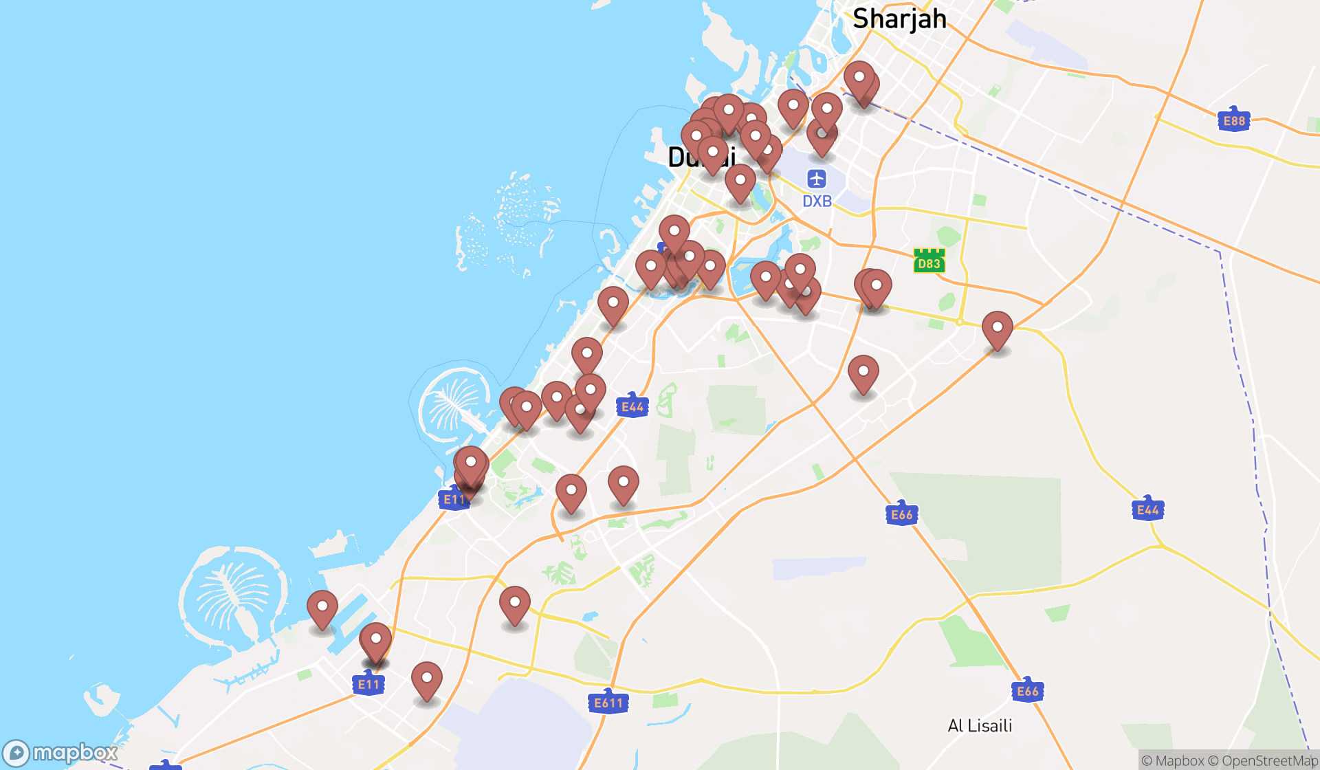 Map showing the search results in Dubai