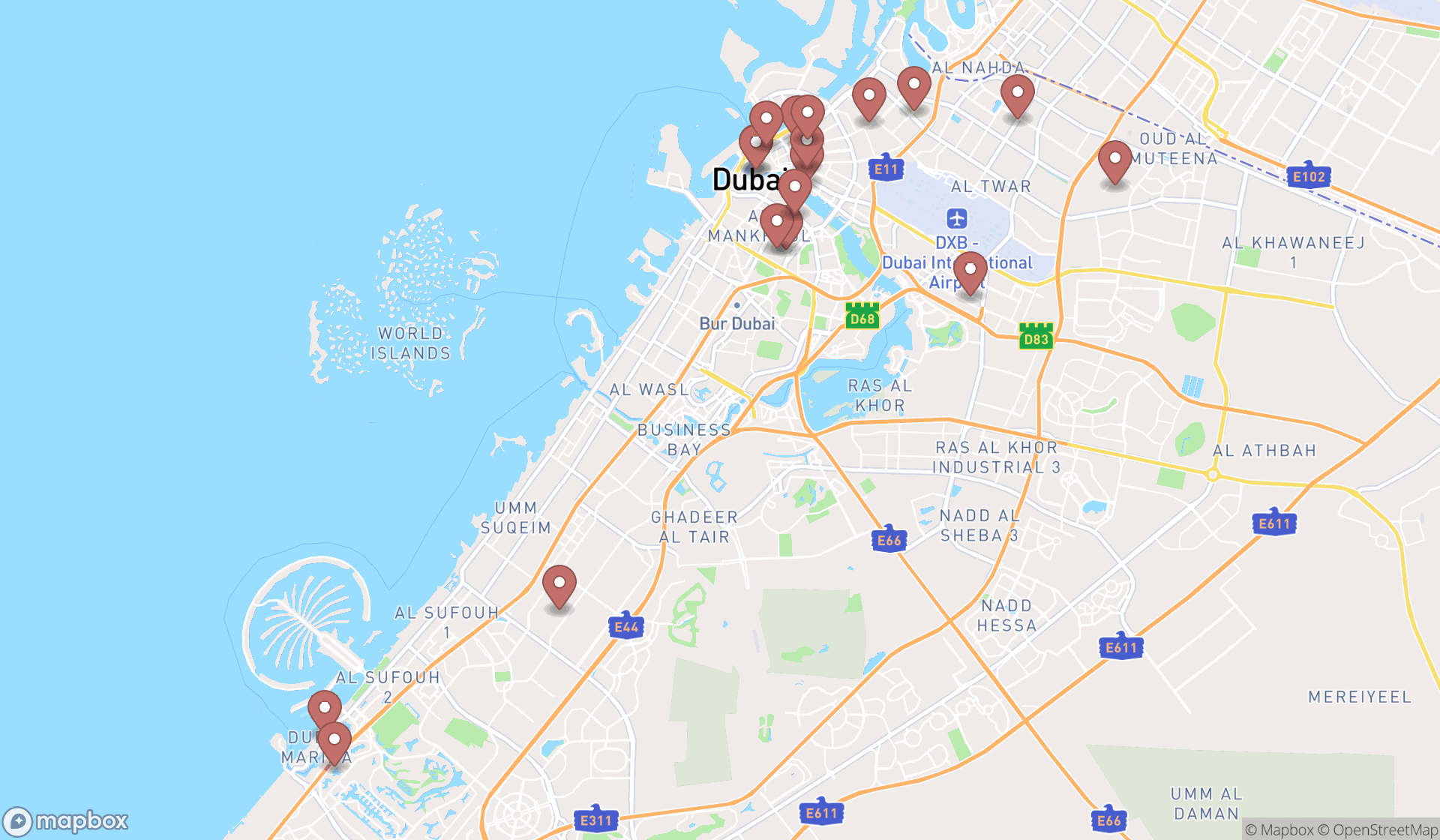 Map showing the search results in Dubai