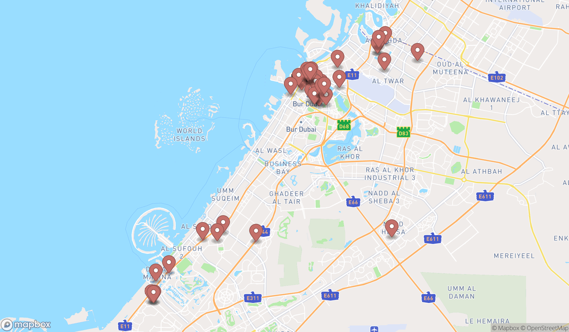 Map showing the search results in Dubai