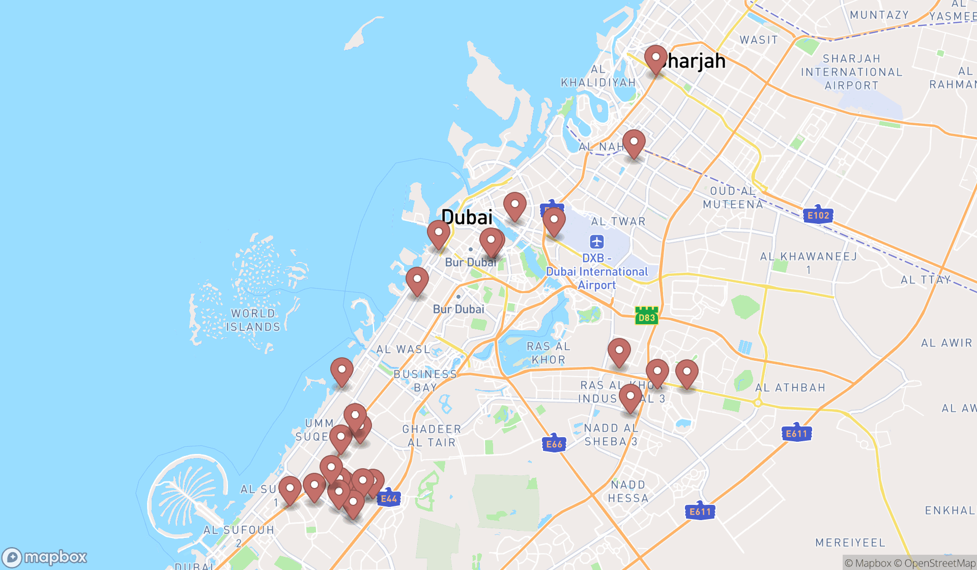 Map showing the search results in Dubai