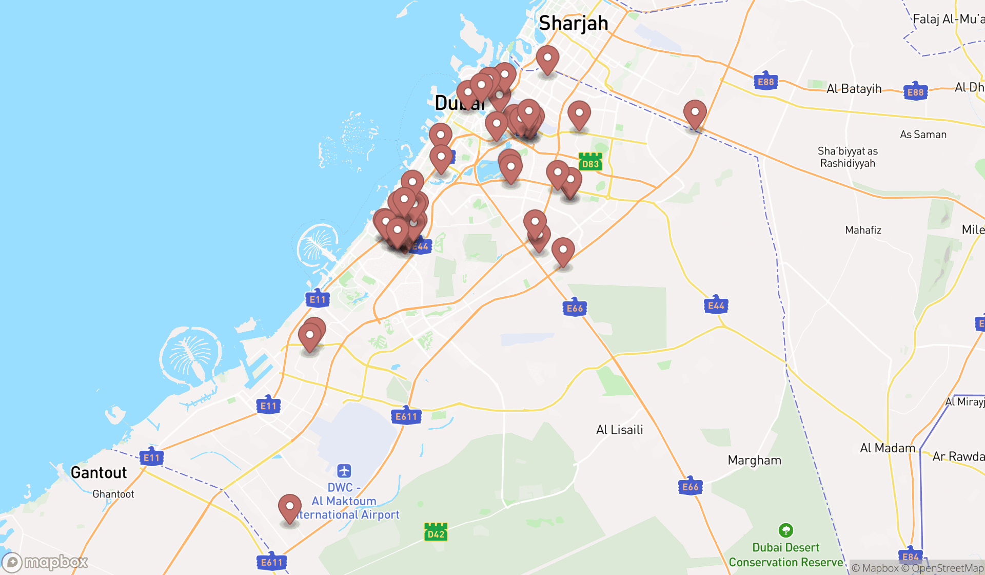 Map showing the search results in Dubai