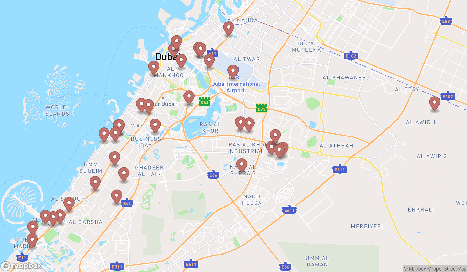 Map showing the search results in Dubai