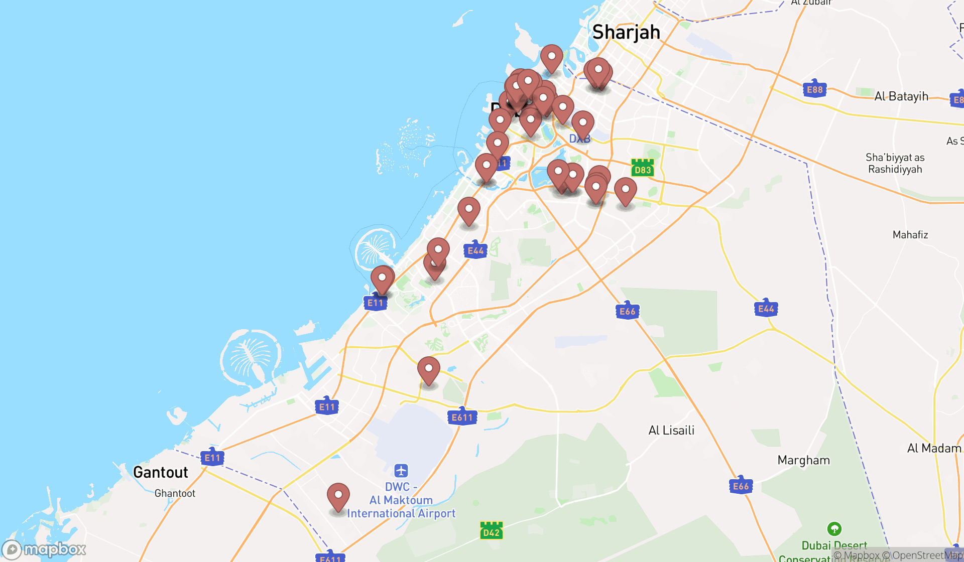 Map showing the search results in Dubai