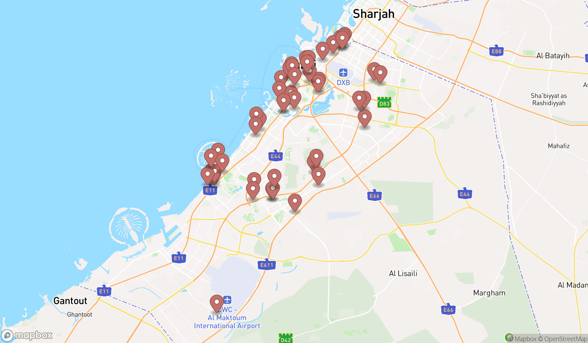 Map showing the search results in Dubai