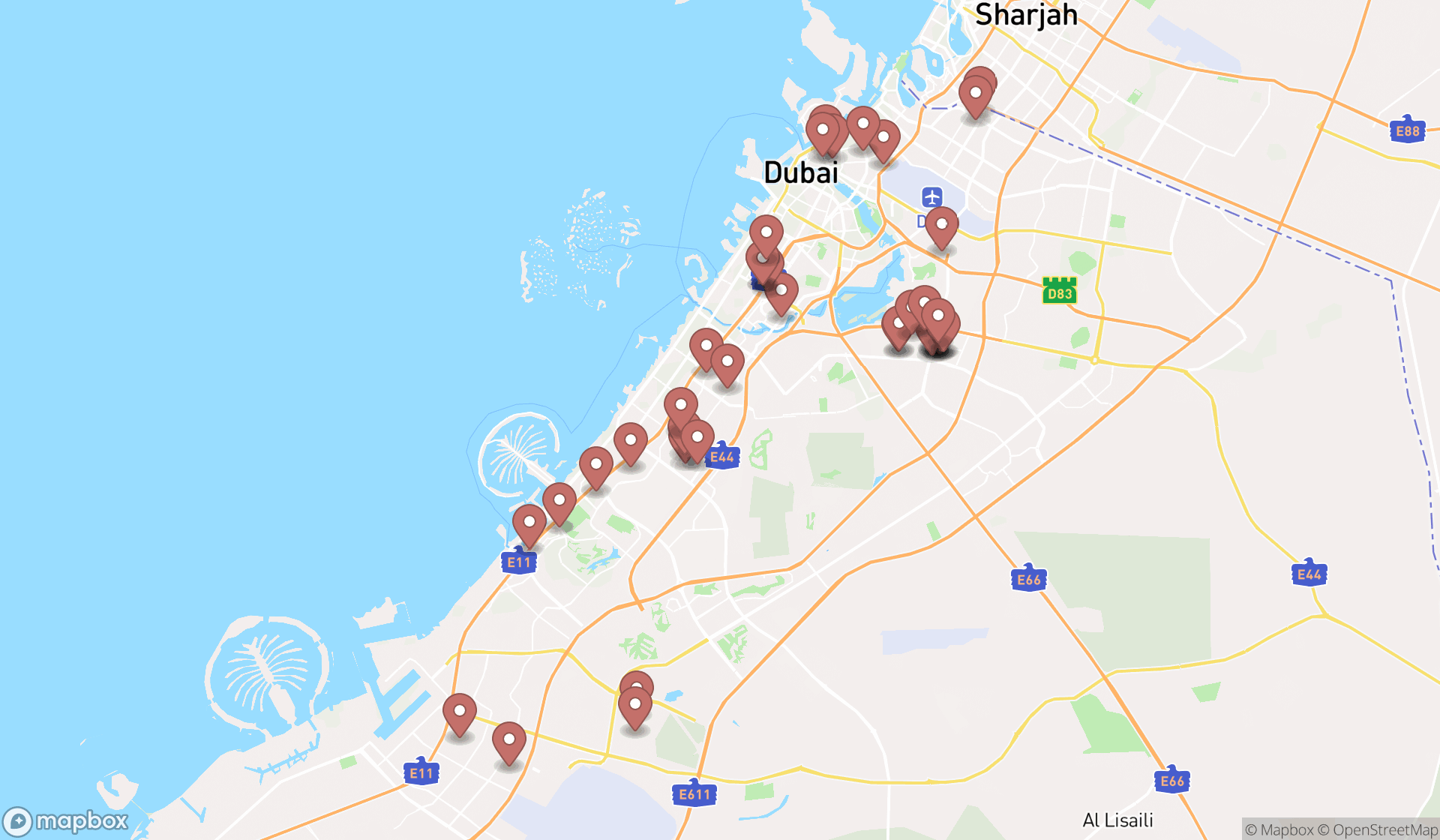 Map showing the search results in Dubai
