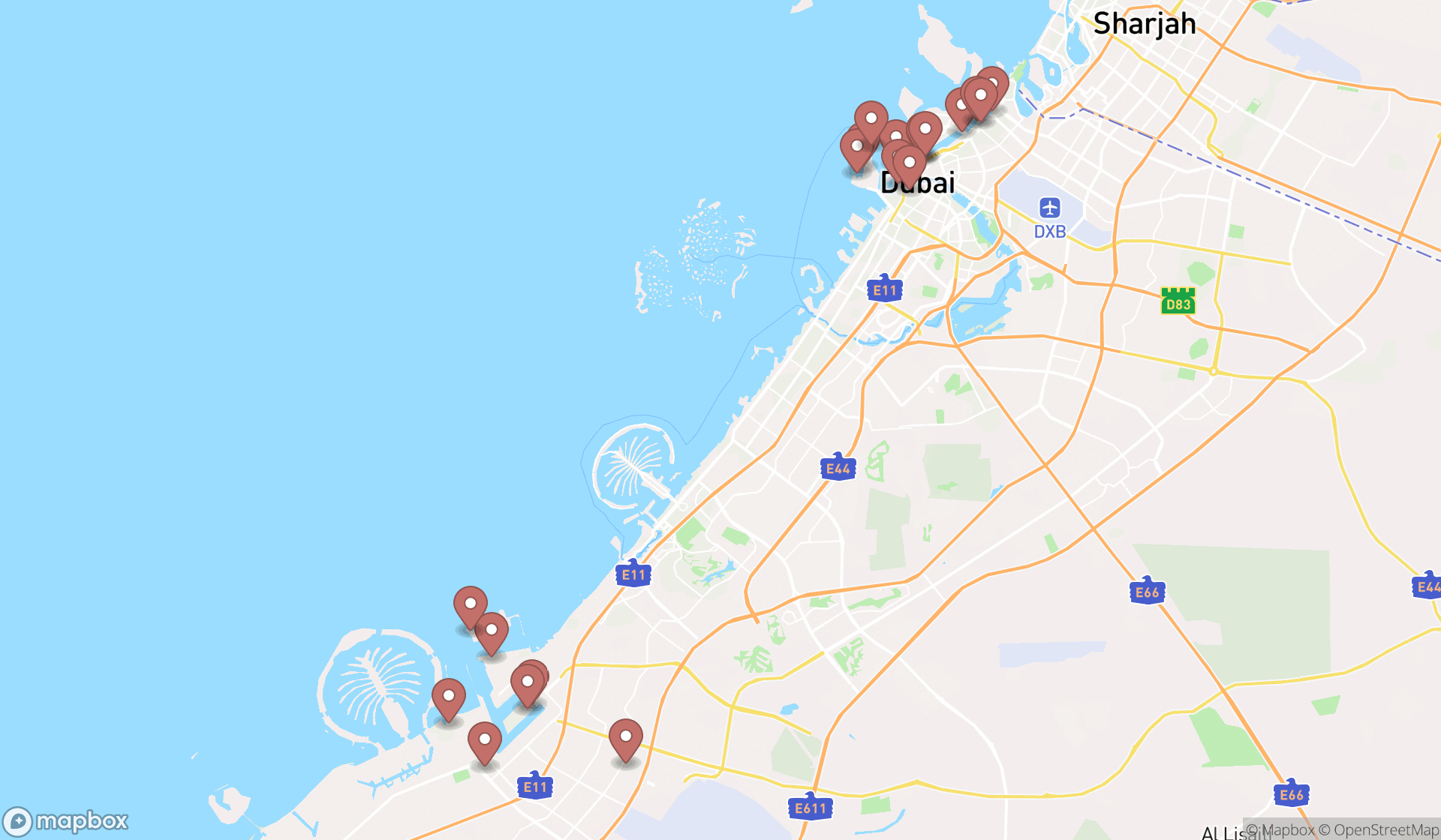 Map showing the search results in Dubai