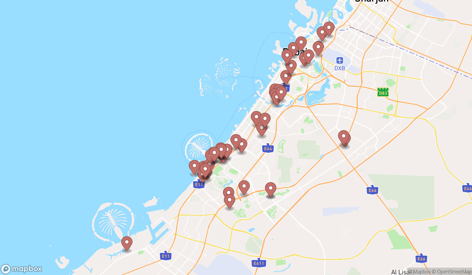 Map showing the search results in Dubai
