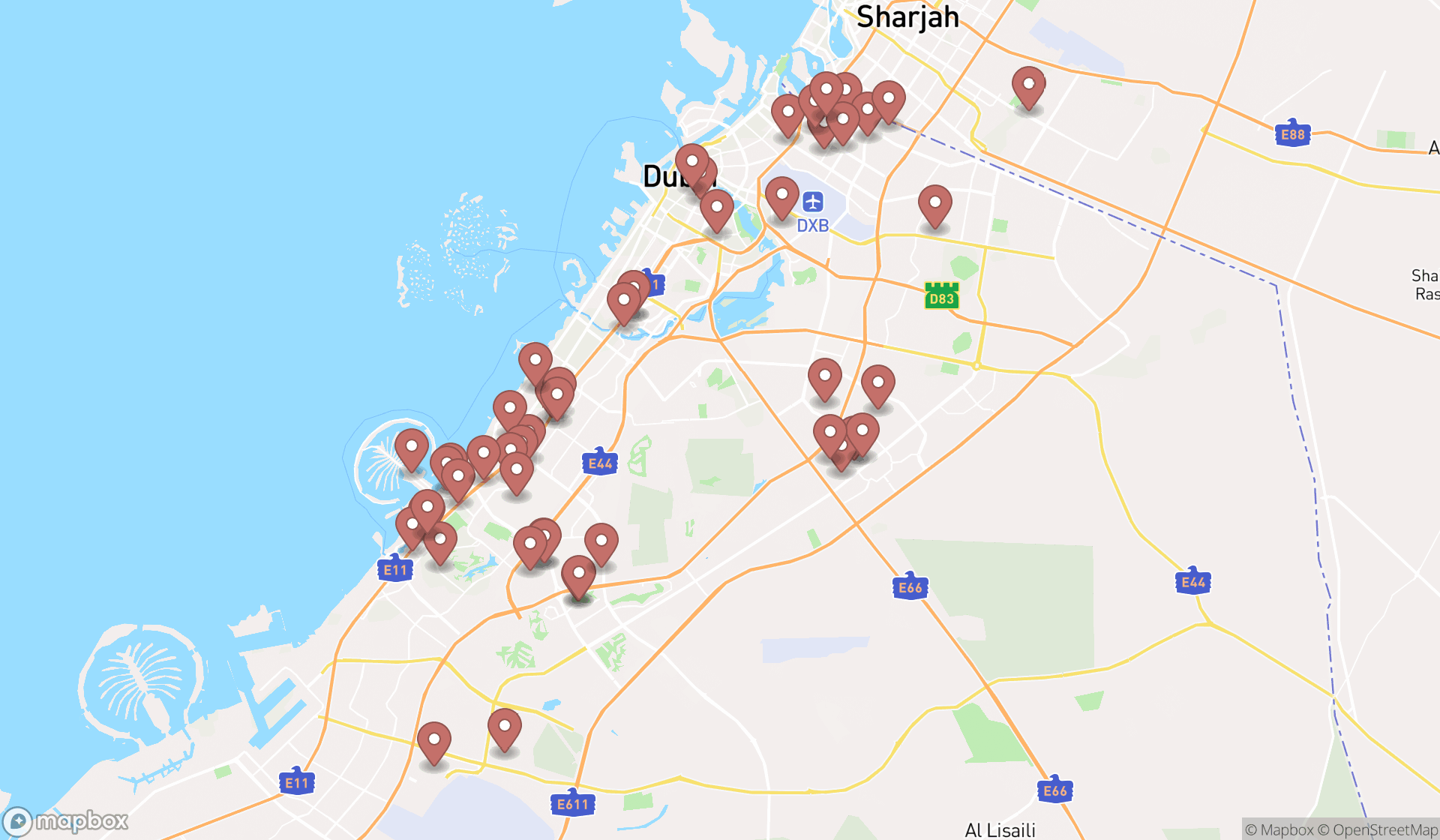 Map showing the search results in Dubai