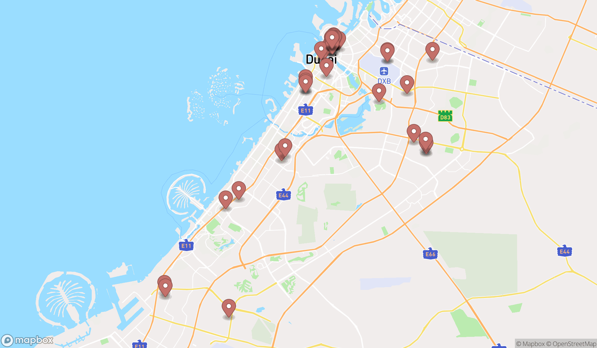 Map showing the search results in Dubai