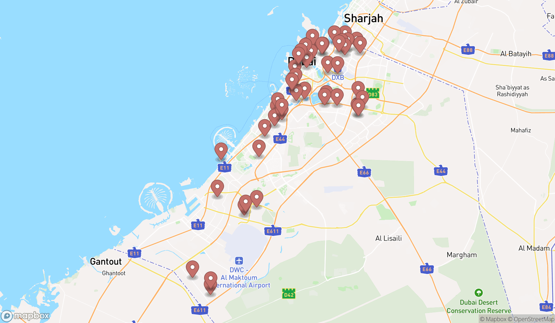 Map showing the search results in Dubai