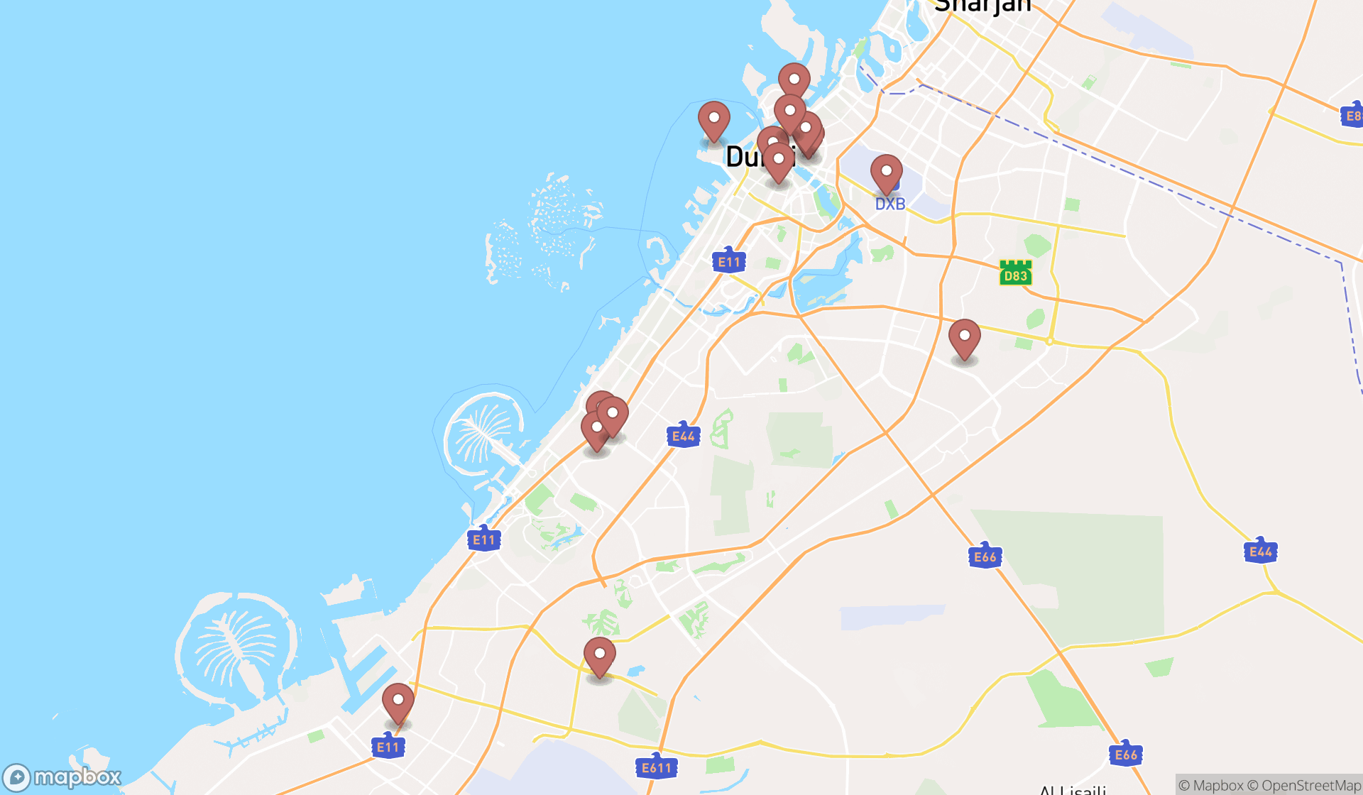 Map showing the search results in Dubai