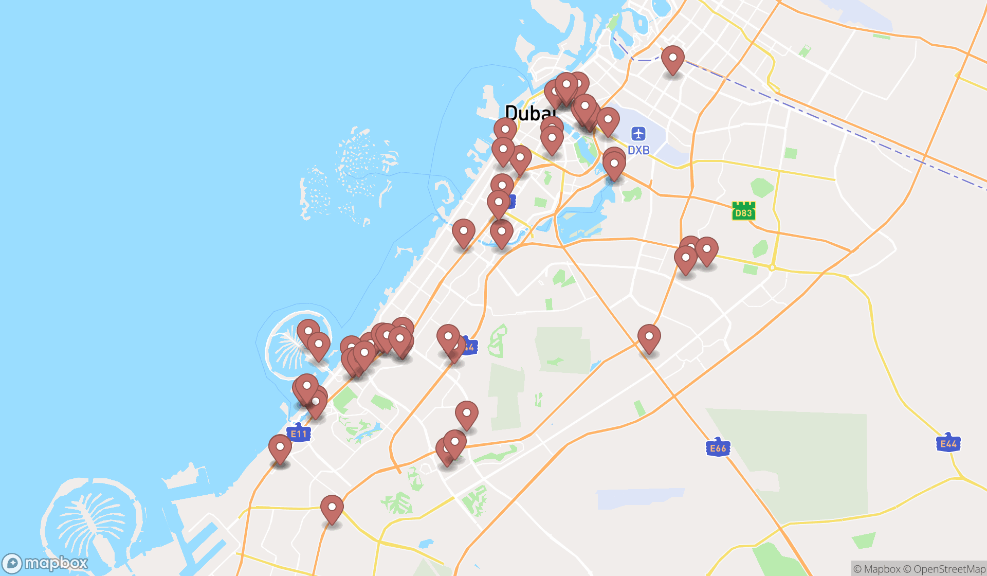 Map showing the search results in Dubai