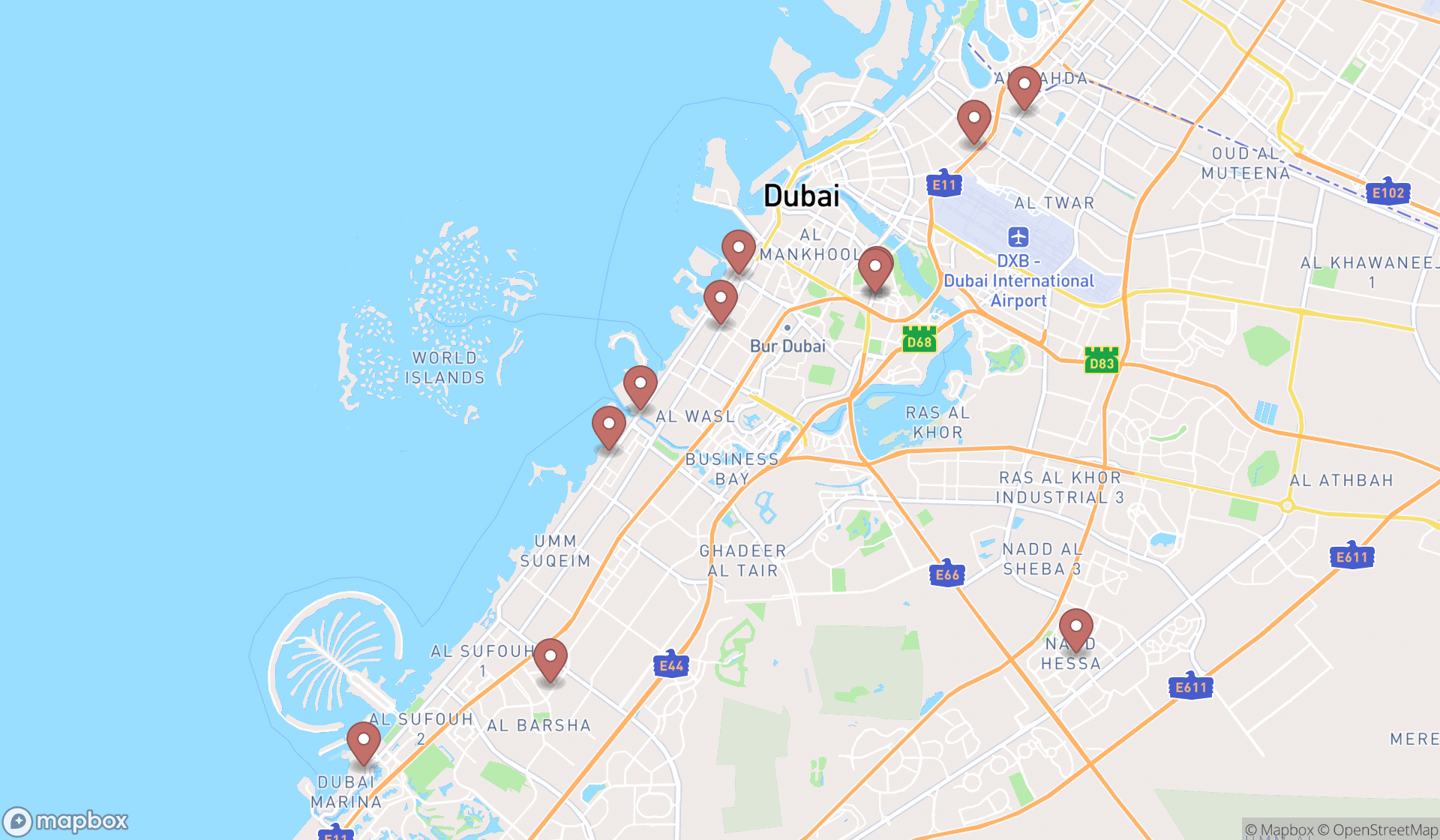 Map showing the search results in Dubai