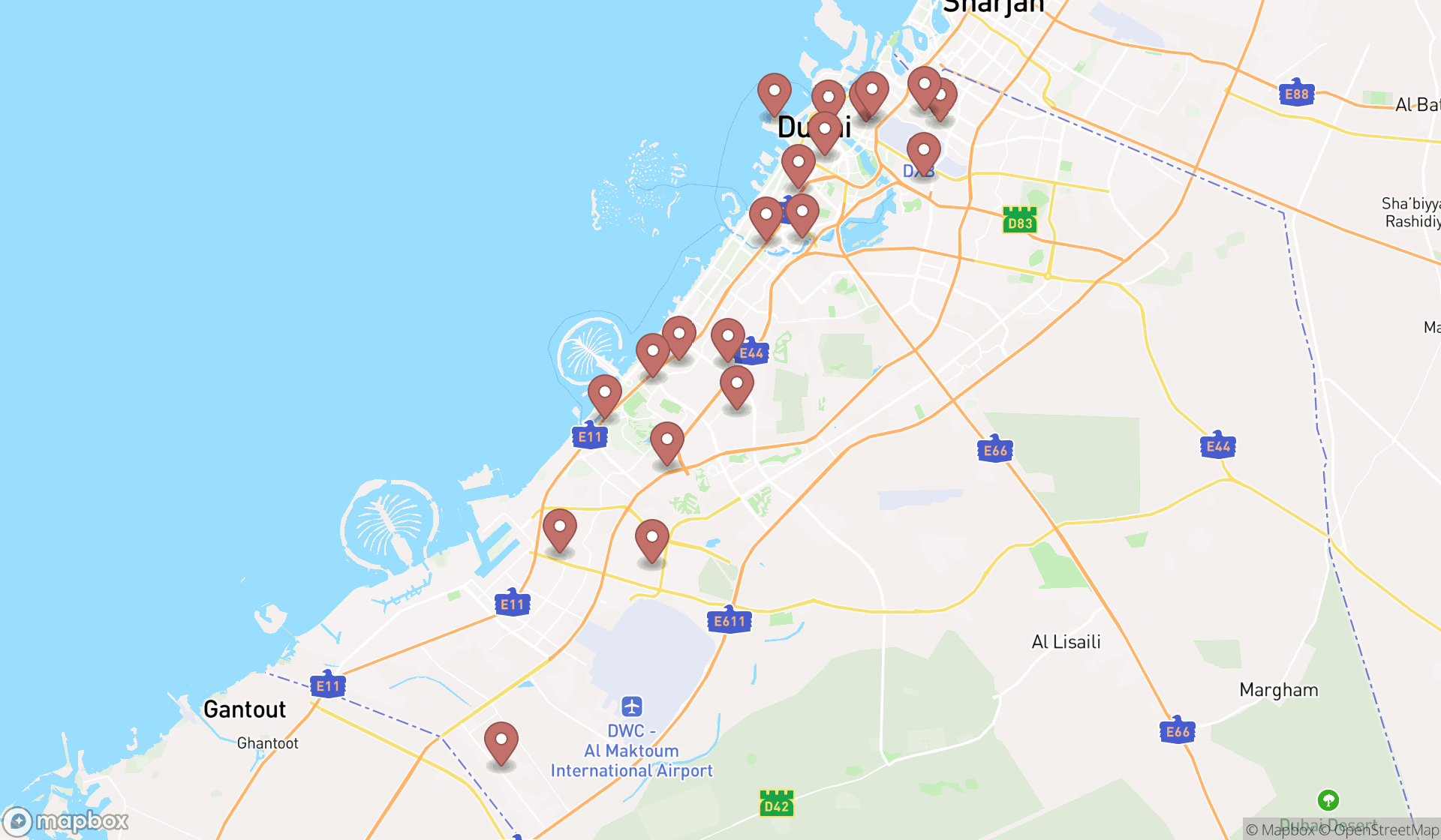 Map showing the search results in Dubai