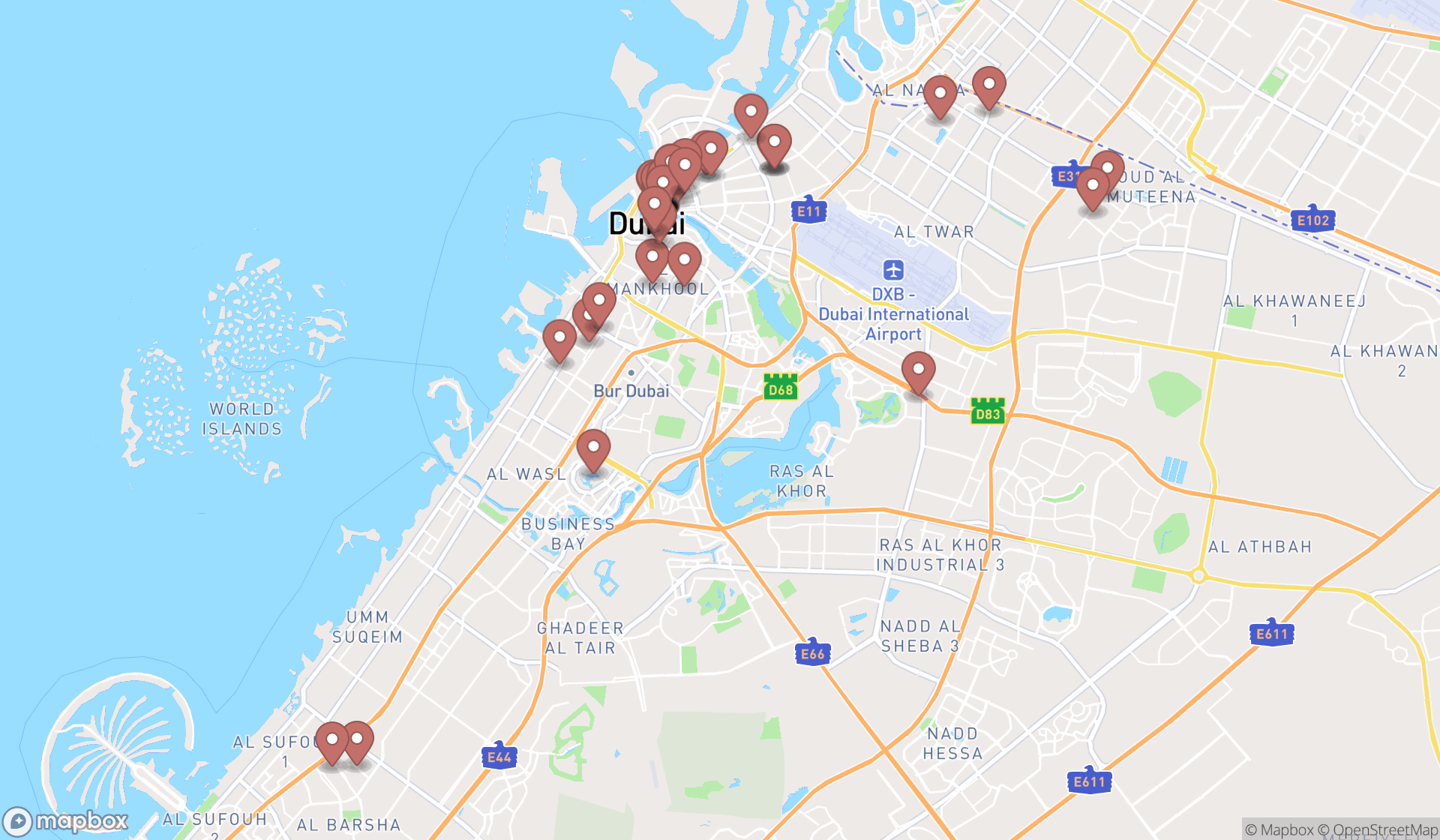 Map showing the search results in Dubai