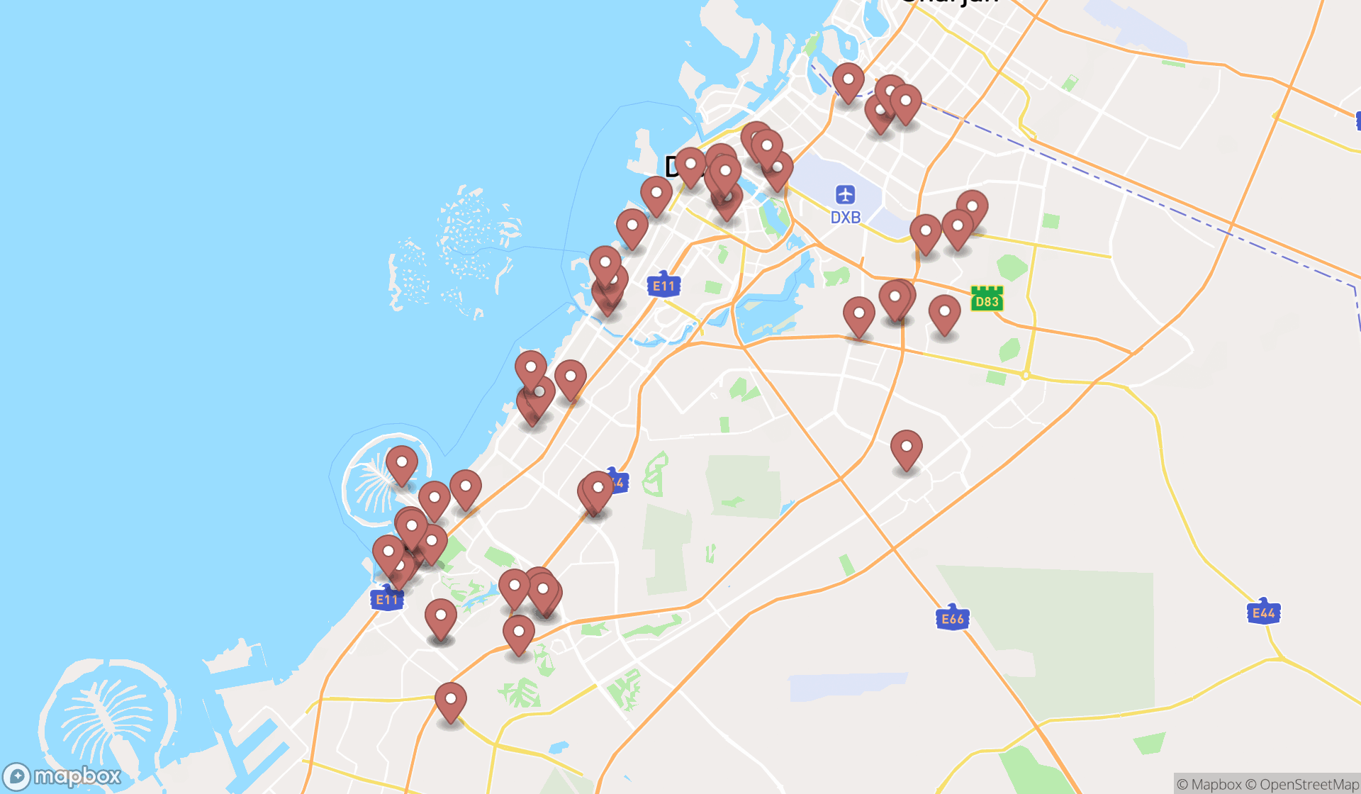 Map showing the search results in Dubai