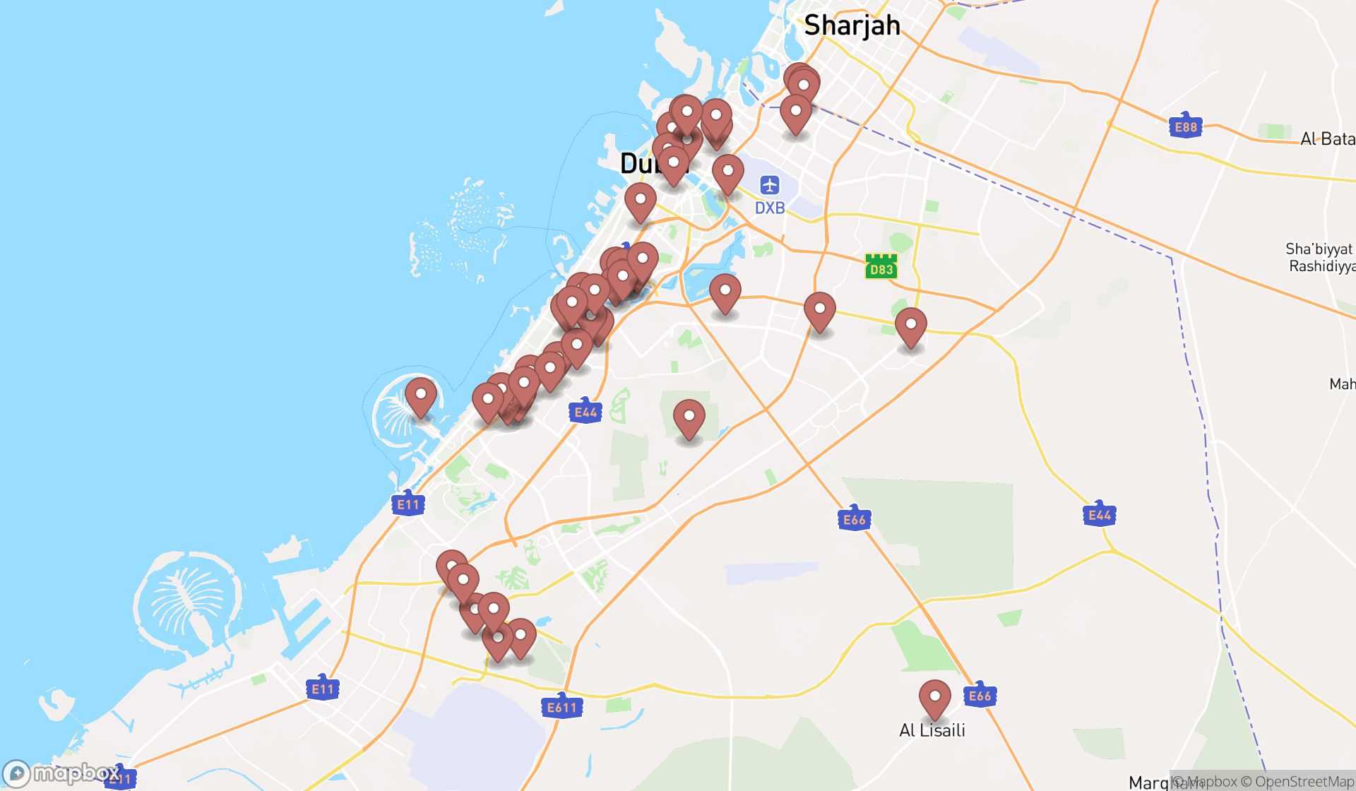 Map showing the search results in Dubai
