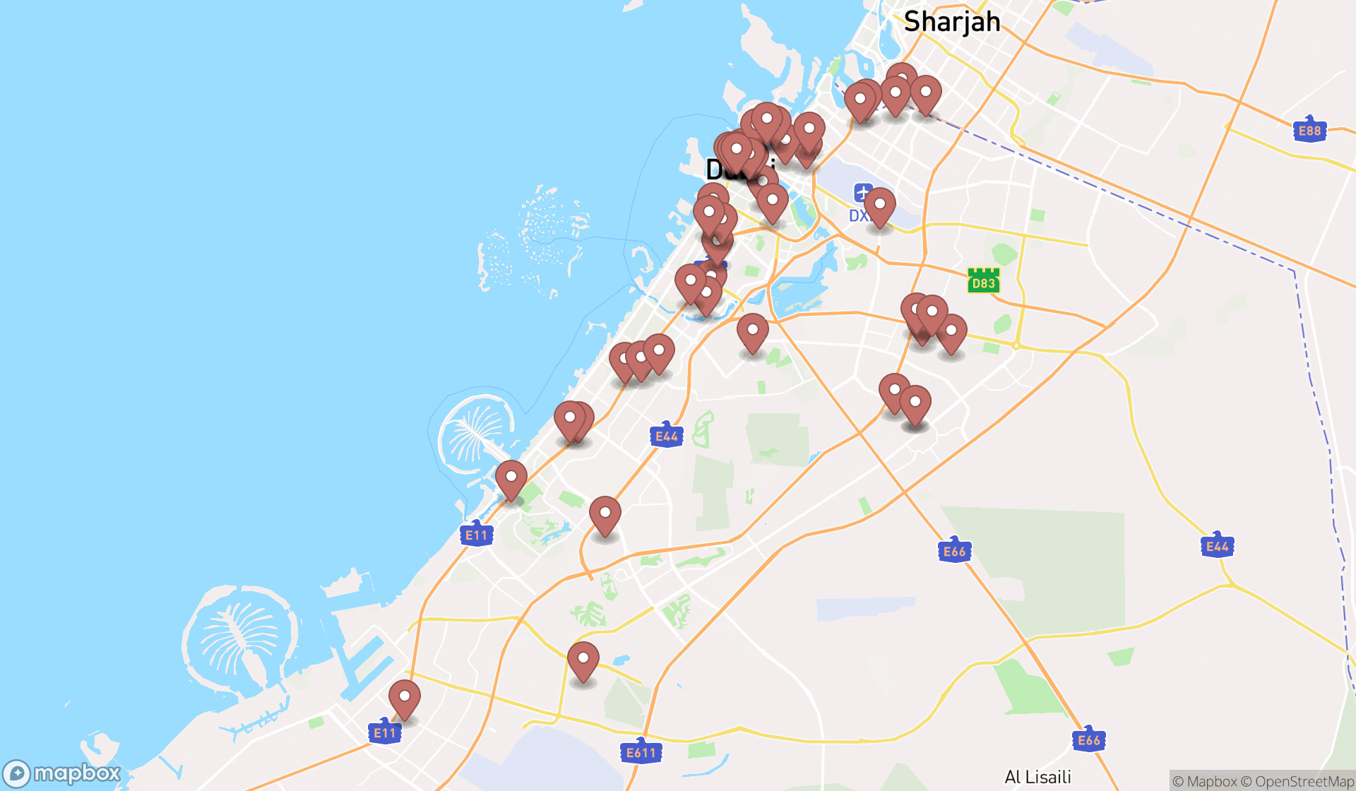 Map showing the search results in Dubai