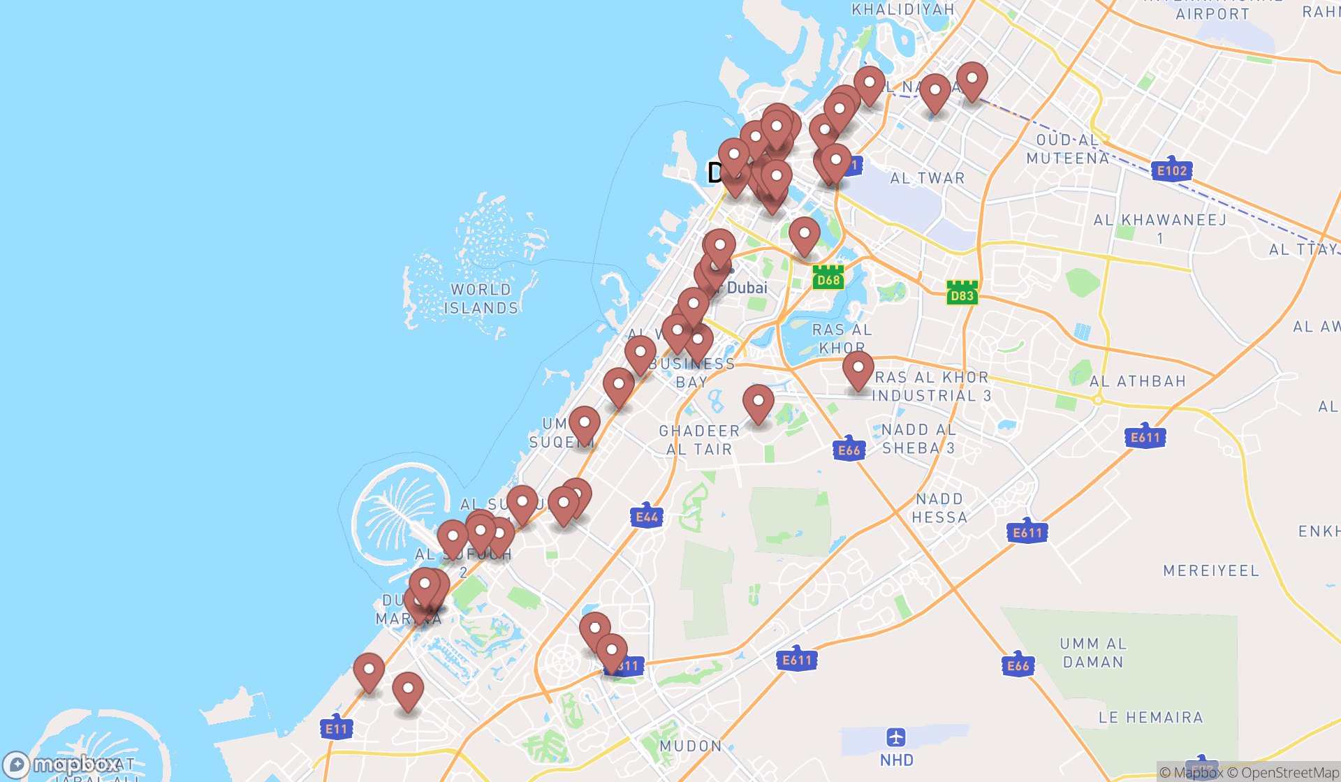 Map showing the search results in Dubai