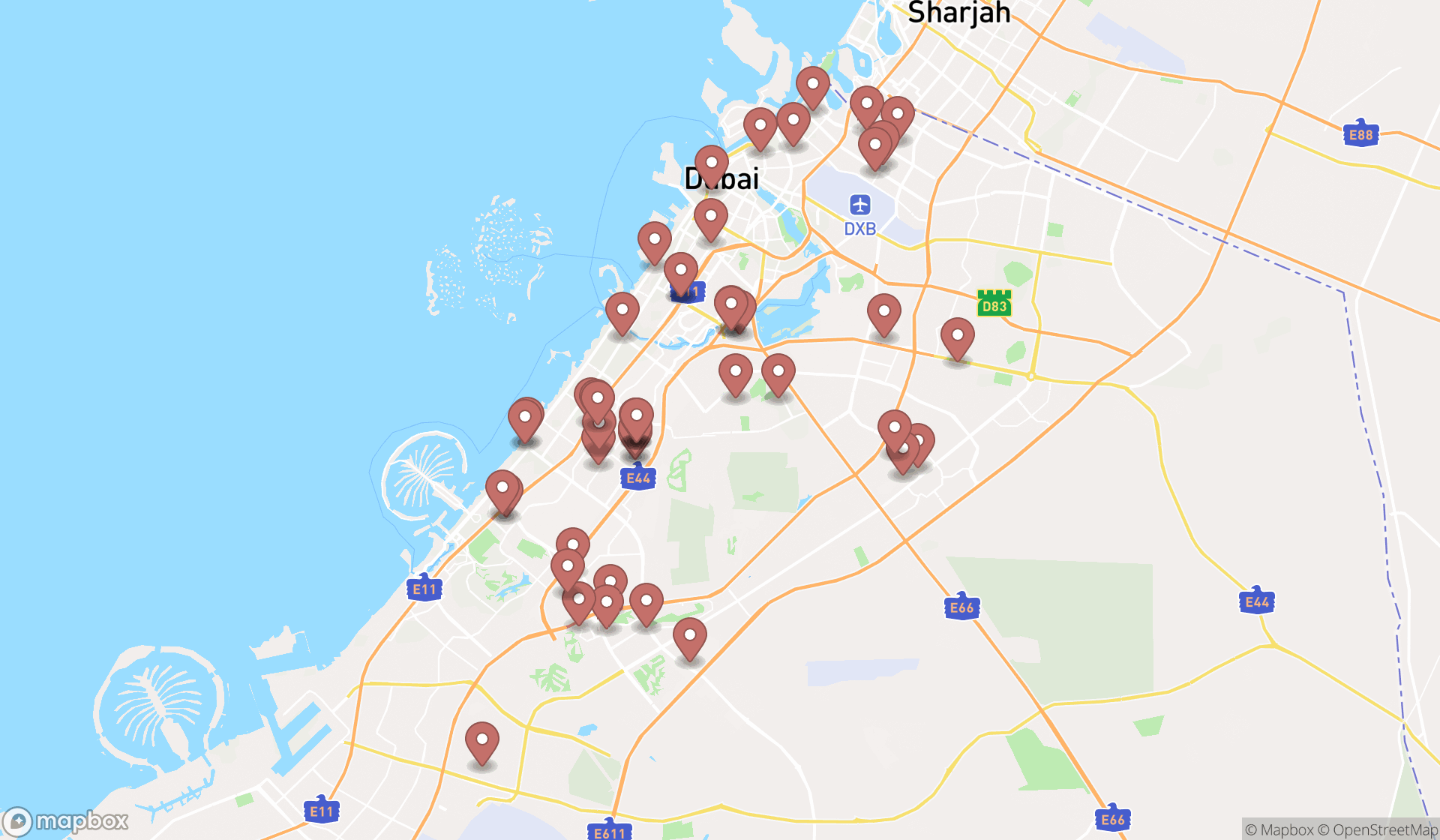 Map showing the search results in Dubai