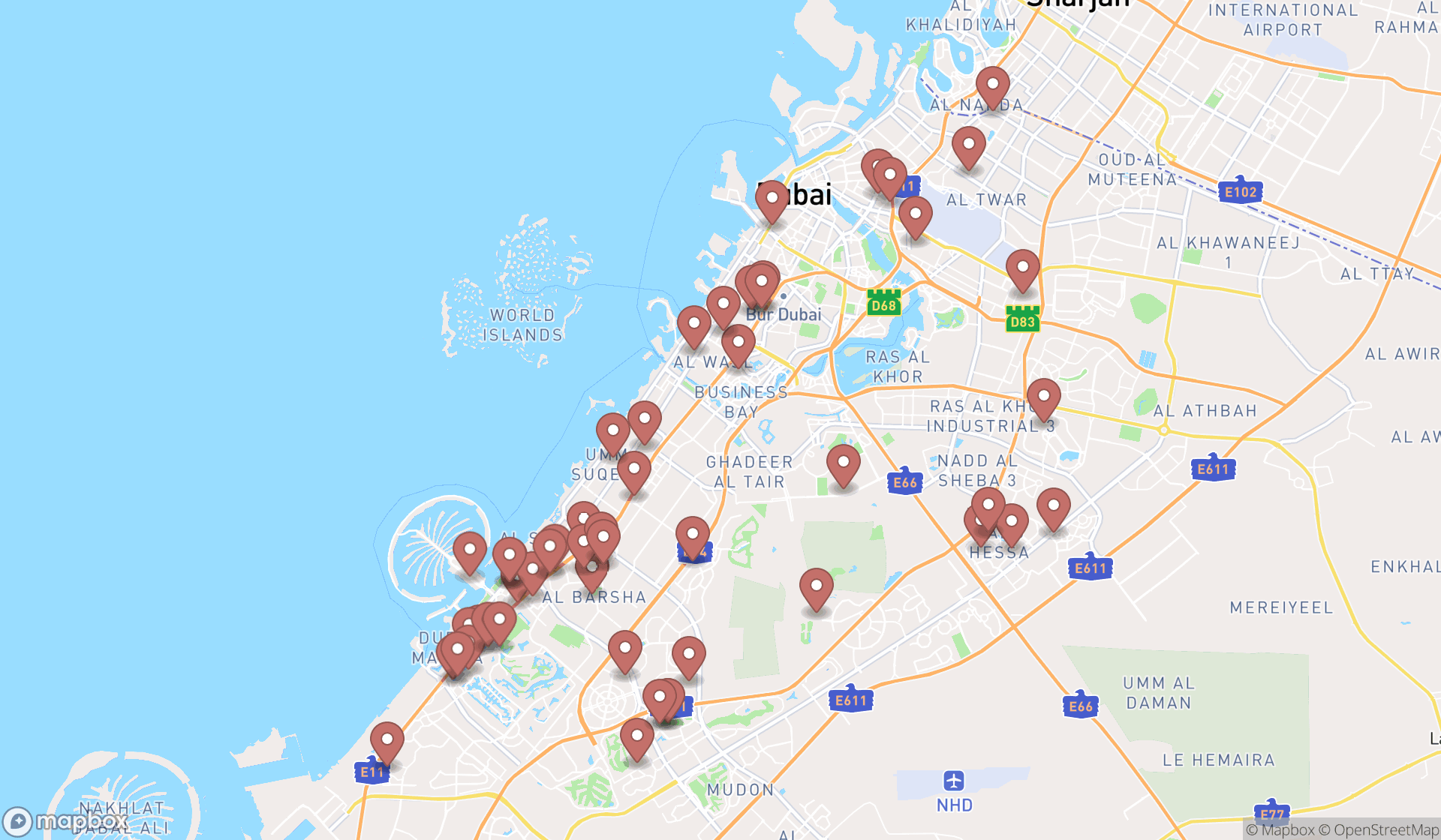 Map showing the search results in Dubai