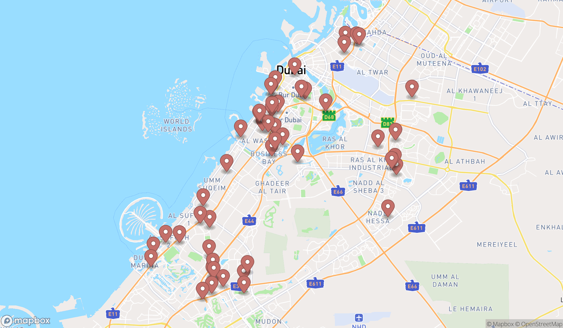 Map showing the search results in Dubai
