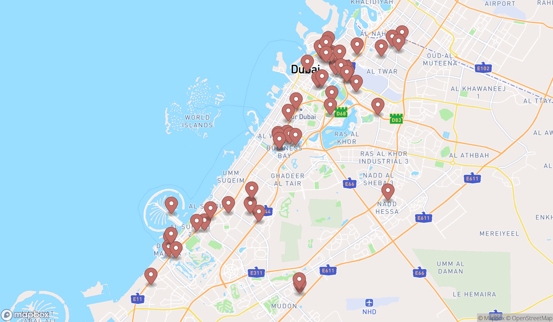 Map showing the search results in Dubai