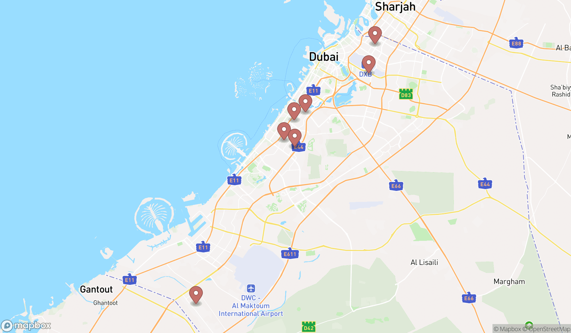 Map showing the search results in Dubai
