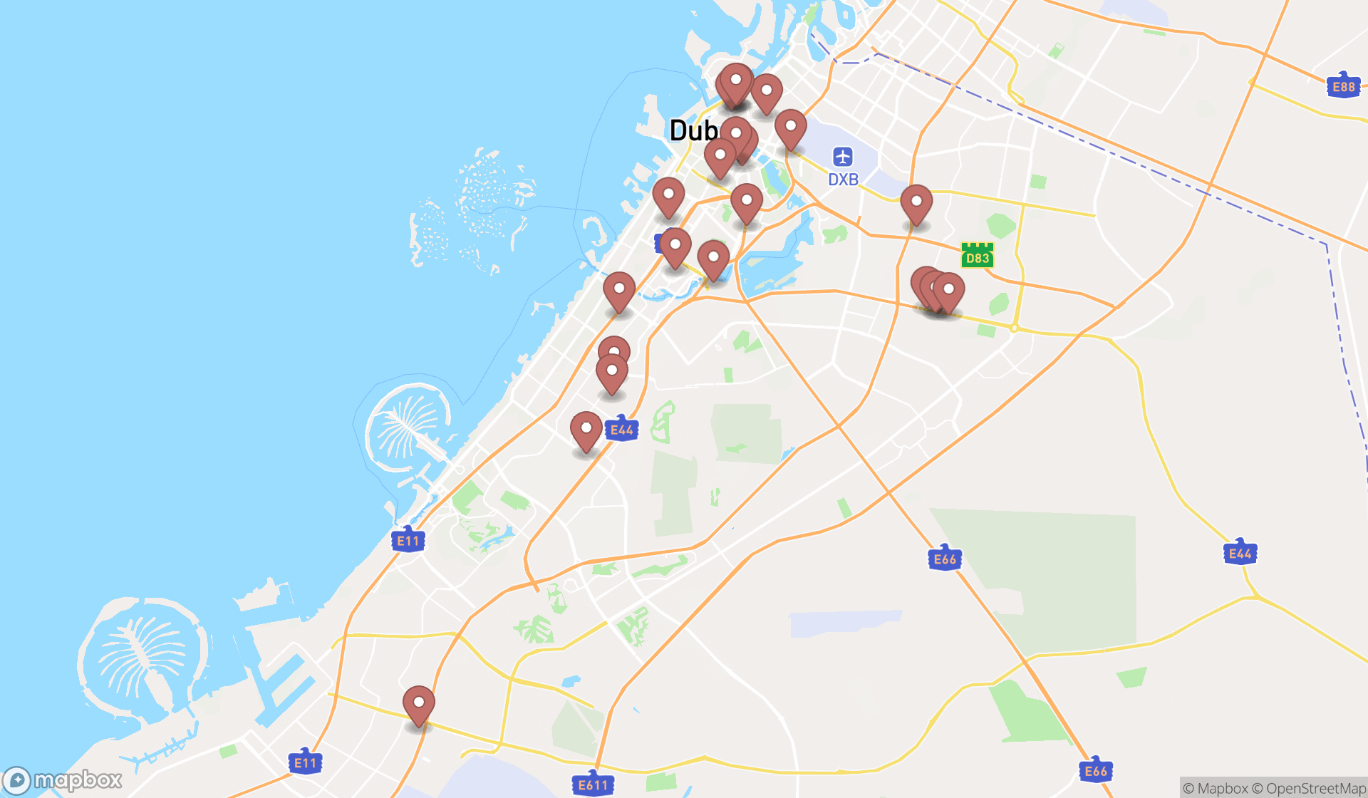 Map showing the search results in Dubai