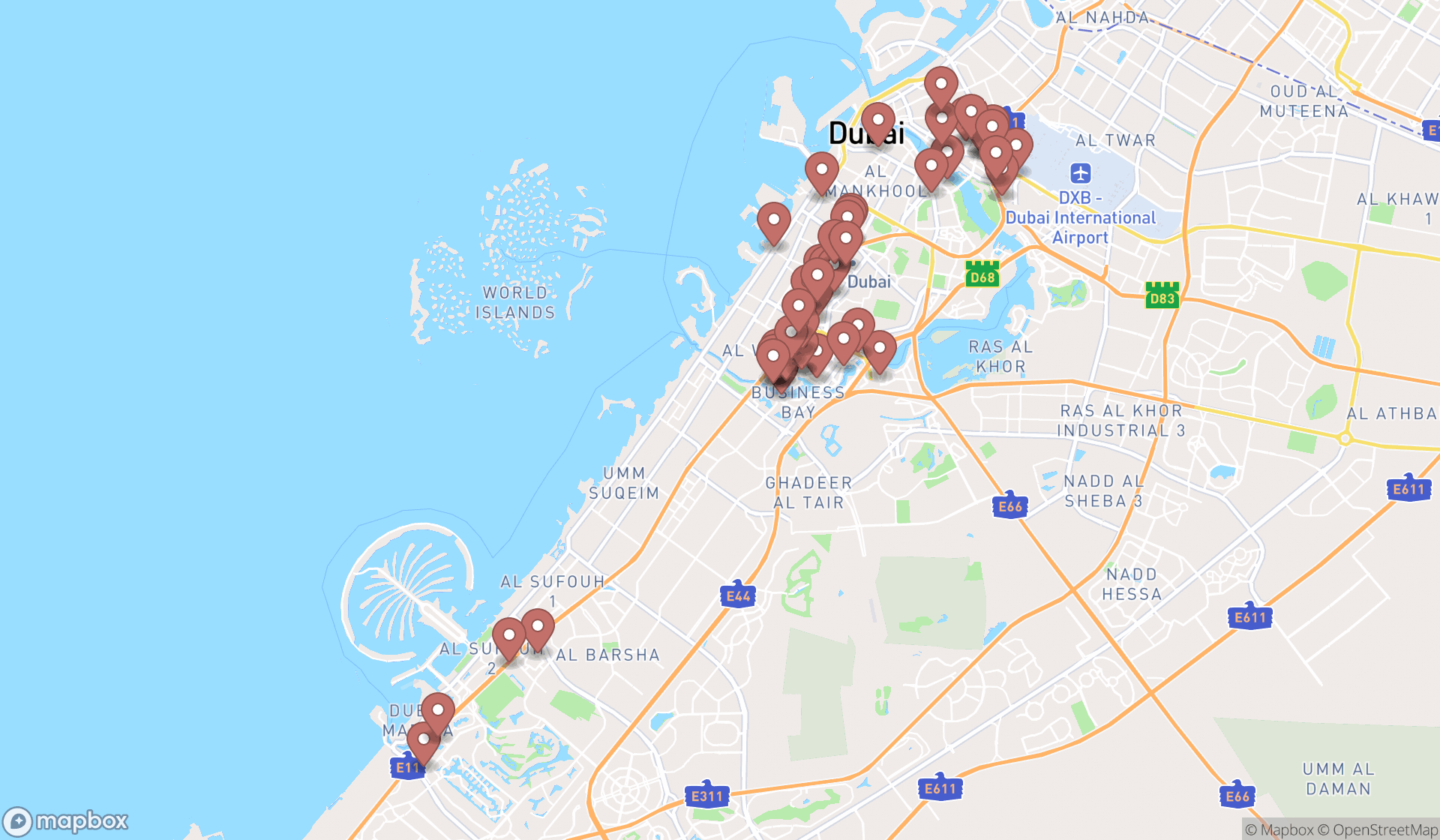 Map showing the search results in Dubai
