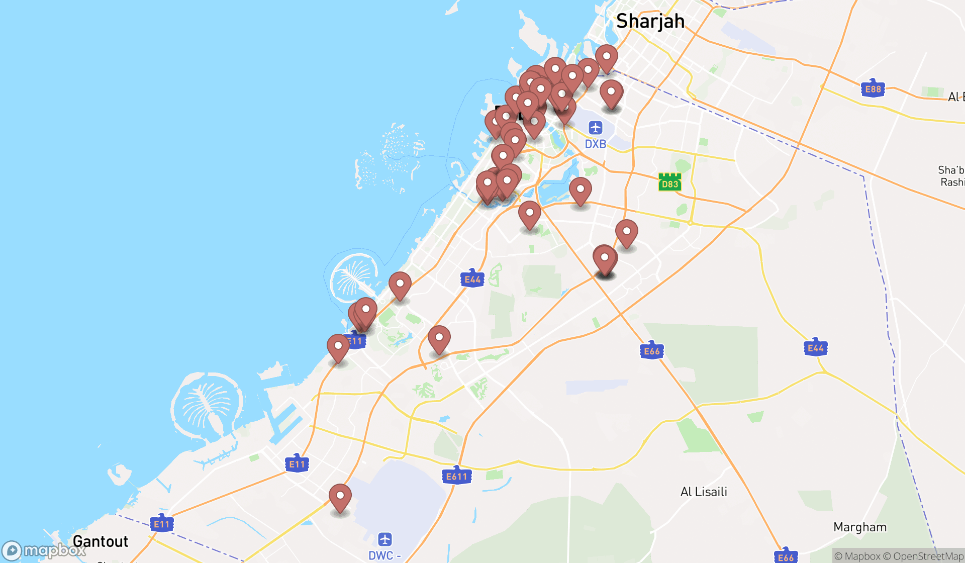 Map showing the search results in Dubai