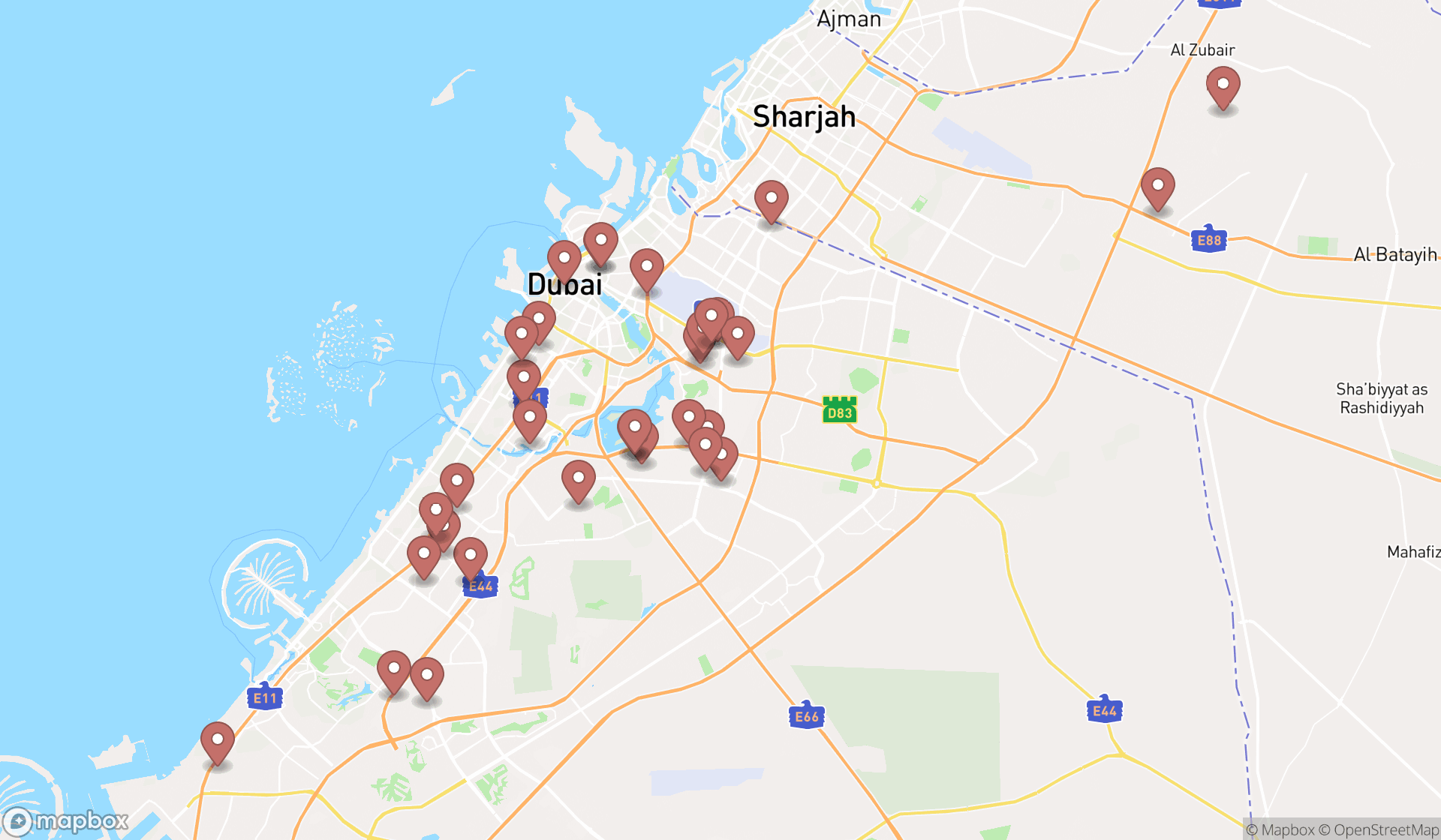 Map showing the search results in Dubai
