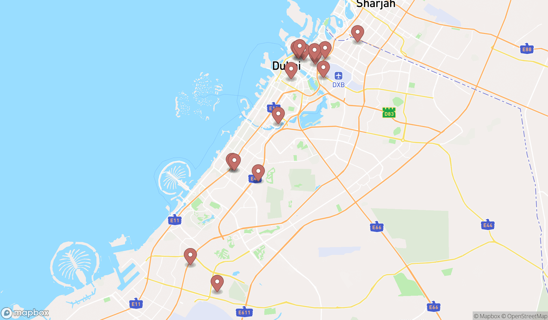Map showing the search results in Dubai