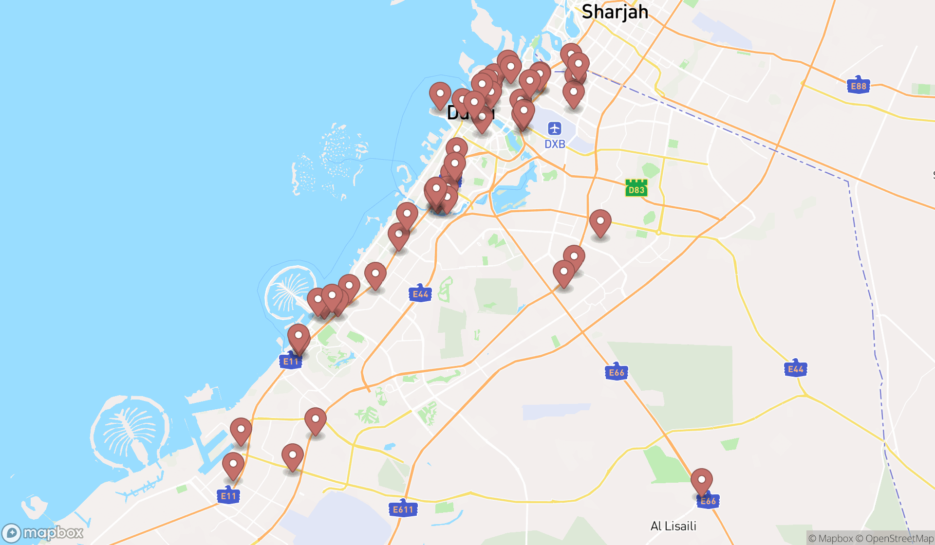 Map showing the search results in Dubai