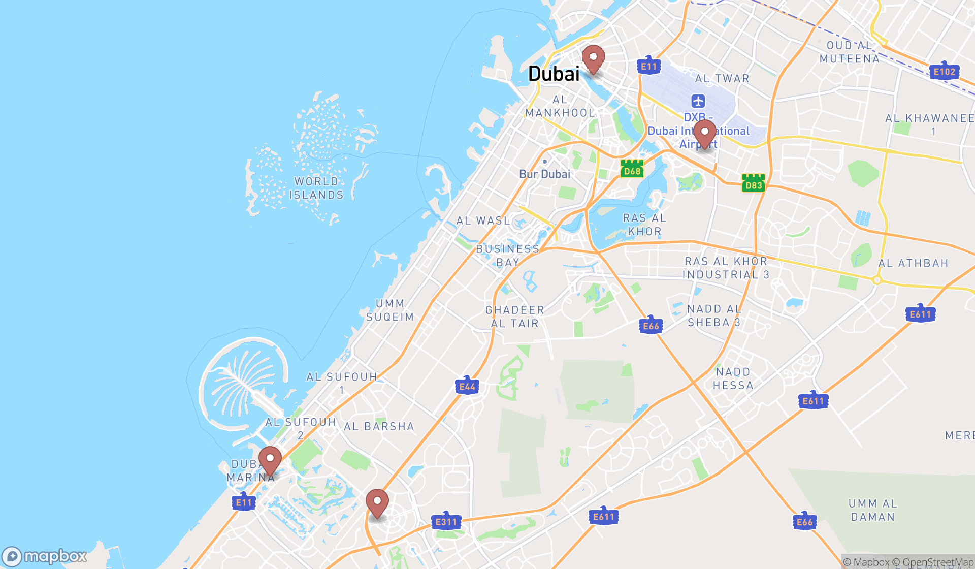 Map showing the search results in Dubai