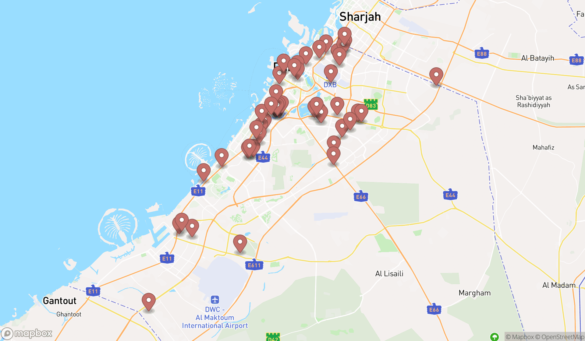 Map showing the search results in Dubai