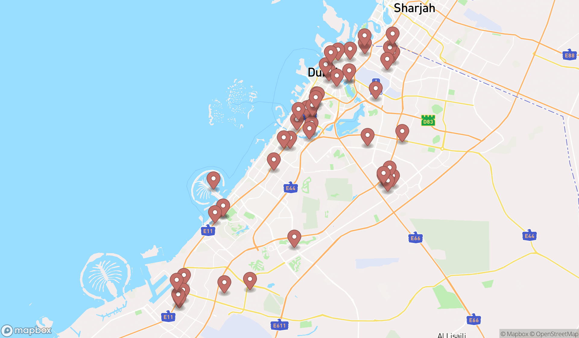 Map showing the search results in Dubai