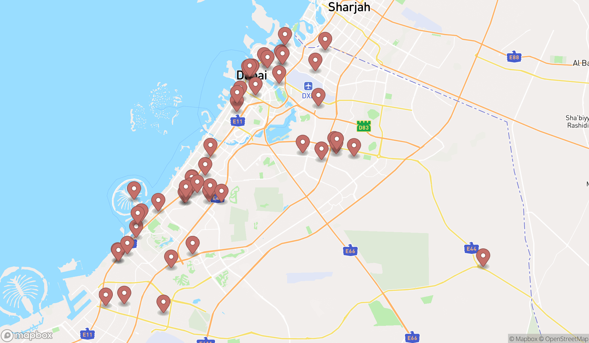 Map showing the search results in Dubai
