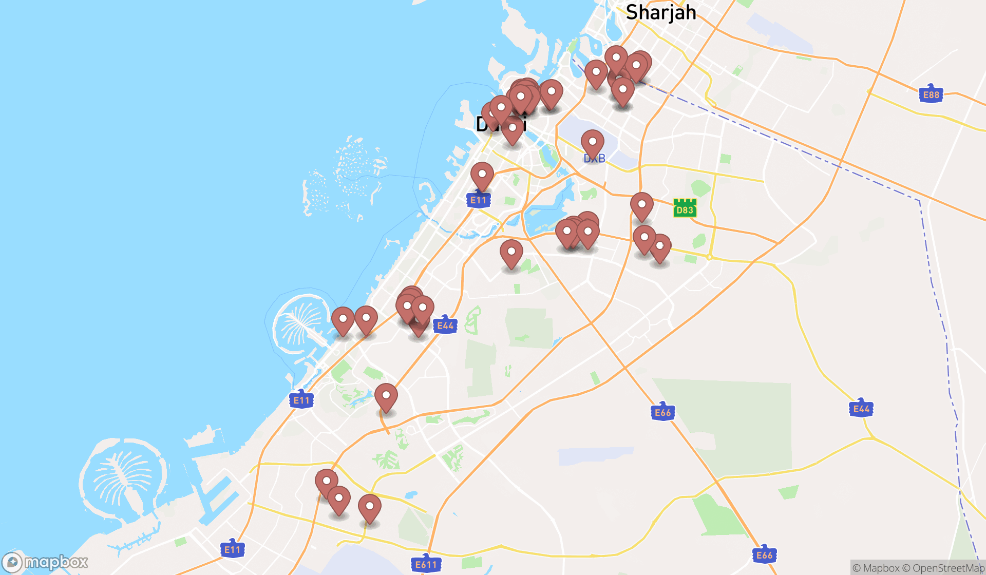 Map showing the search results in Dubai